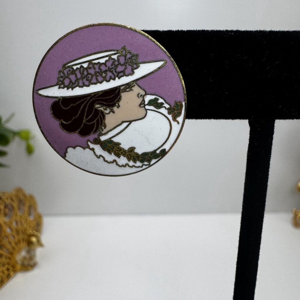 Diana Hansen-Young 1988 Enamel Earrings Vintage Art Nouveau Lady Portrait Rare - Picture 2 of 8